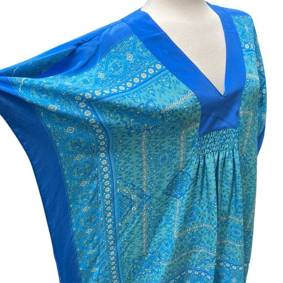 Coldwater Creek Silk Caftan Top Sz S/M Blue Floral Boho Colorblock Resortwear - Picture 5 of 12
